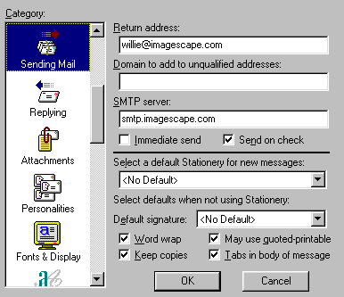 Sending Mail configuration screen
